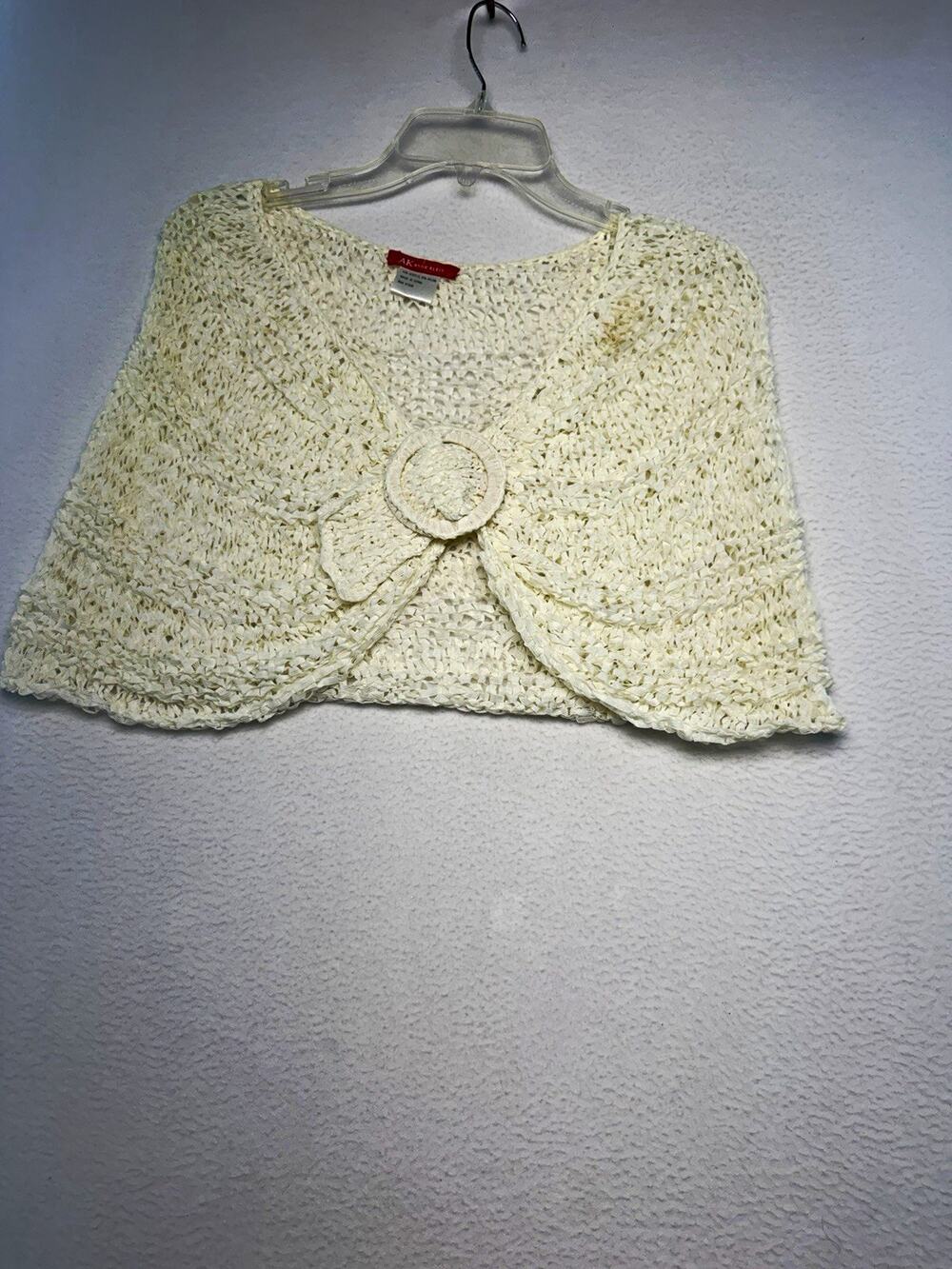 AK Anne Klein Ivory Open-Knit Buckle Front Shrug wrap feminine romantic drapey